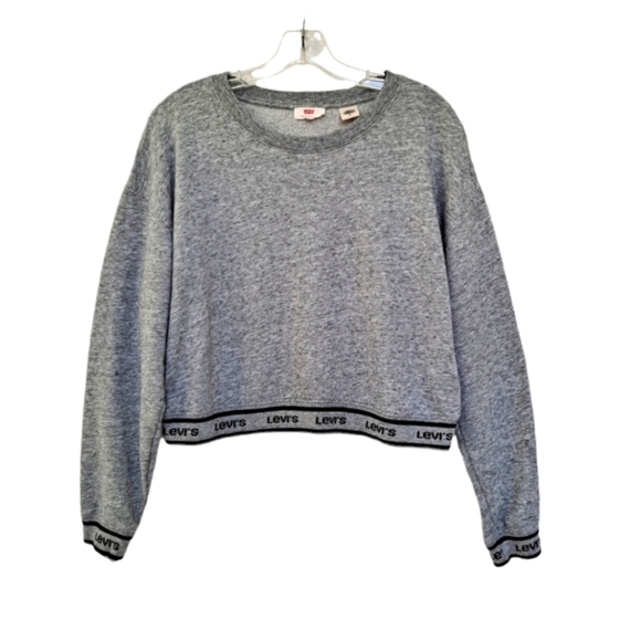 Levi's Gray Heathered Logo Trimmed Cropped Crop Crew Neck Sweatshirt szM - Picture 1 of 7